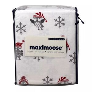 Maximoose QUEEN Christmas Holiday Festive Owl Snowflake Cotton Flannel Sheet Set